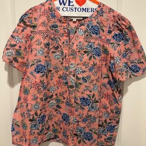 LOFT Coral and Navy Floral Blouse